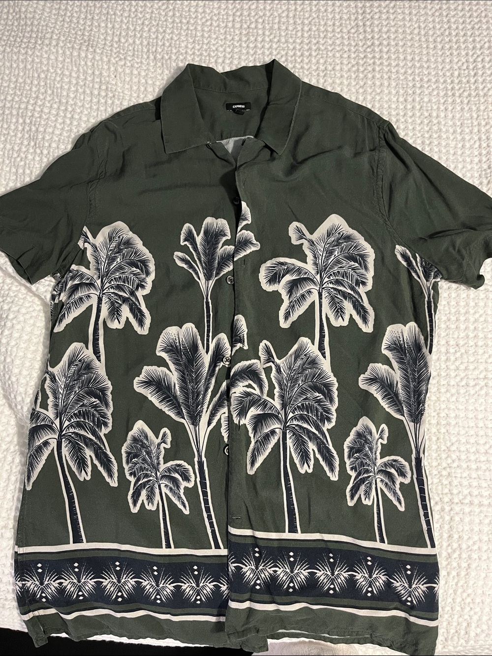 Express Olive Green Palm Print Button-Down Shirt